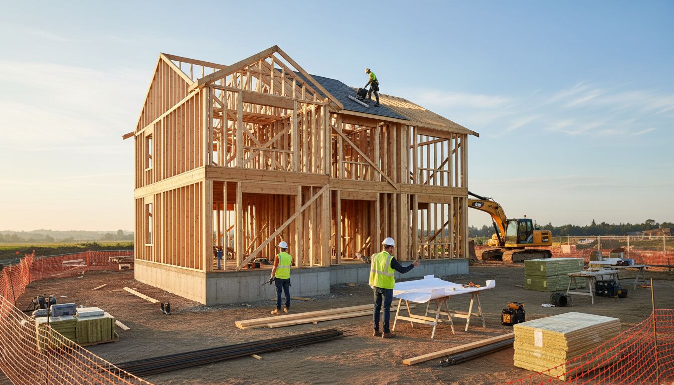 Baustelle eines Einfamilienhauses in Holzrahmenbauweise mit Bauleitern bei der Planbesprechung